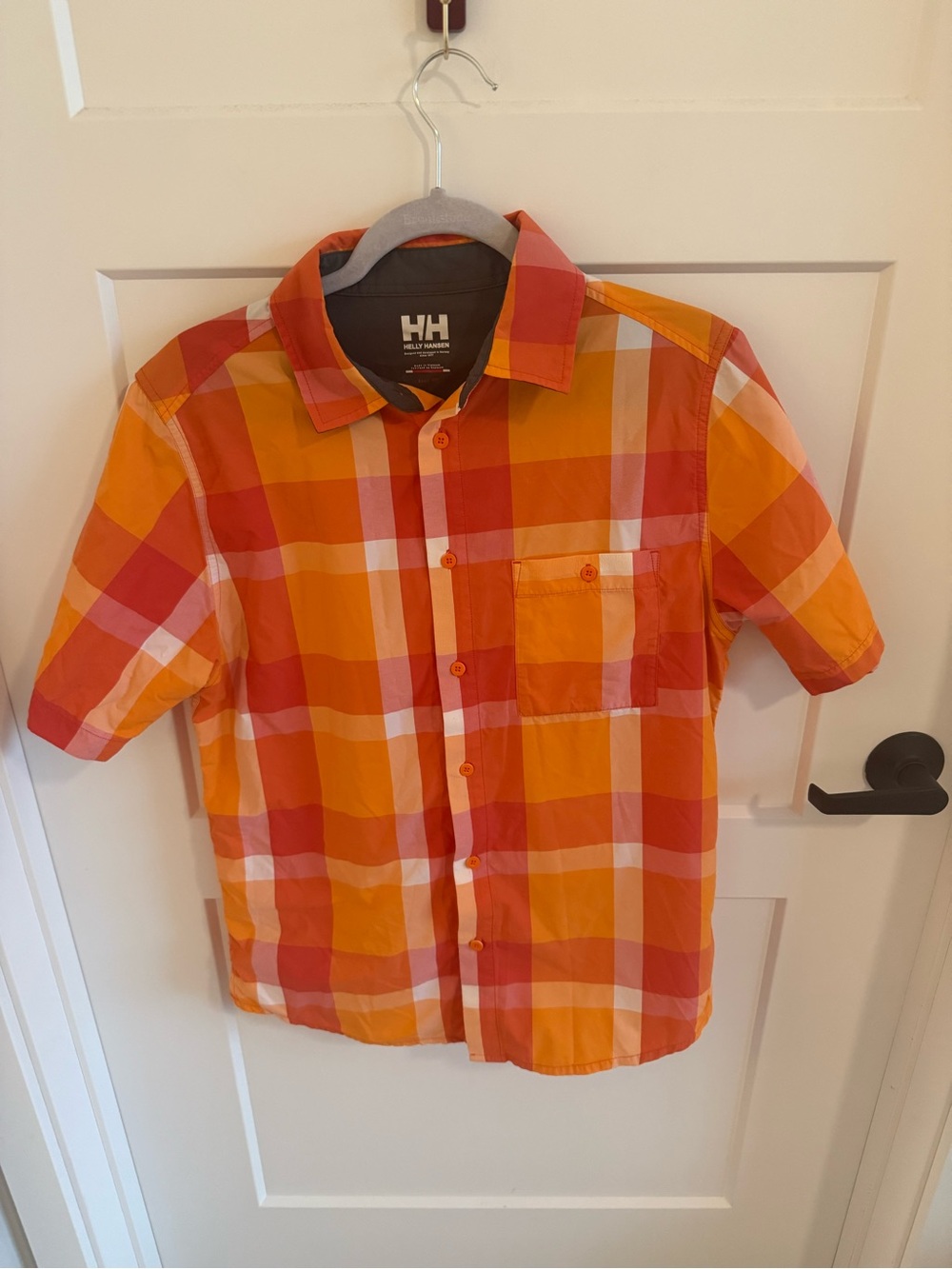 Helly Hansen Women’s Plaid Short Sleeve Button Front Hiking Shirt Orange Pink S